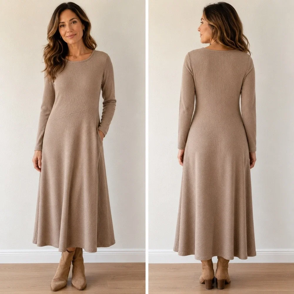 Soft Surroundings Ribbed Maxi Dress XL Tan Minimalist Cottagecore Long Sleeve